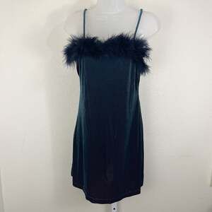 Alias Vintage 90s Velvet Mini Dress Womens M Blue Purple Faux Feather Trim